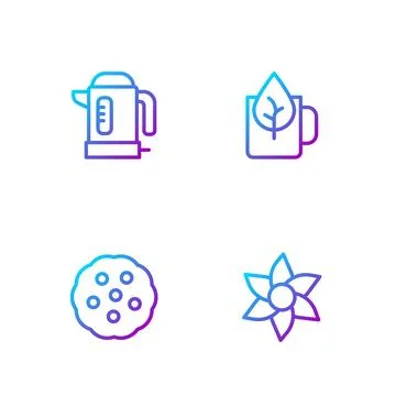 Set line Flower, Cookie or biscuit, Electric kettle and Cup of tea with leaf Illustration