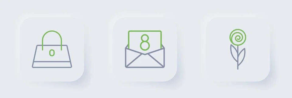 Set line Flower, Envelope with 8 March and Handbag icon. Vector Illustration