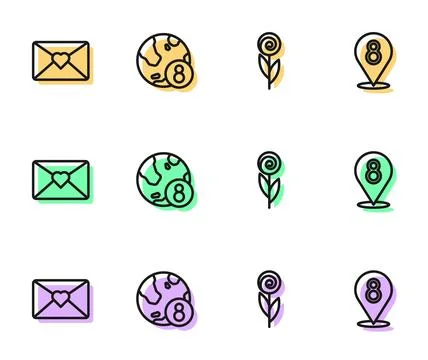 Set line Flower, Envelope with 8 March, International Women Day and  icon. .. Stock Illustration