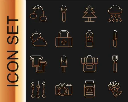 Set line Flower, Fork, Knife, Tree, First aid kit, Sun and cloud weather, Cherry Ilustração Stock