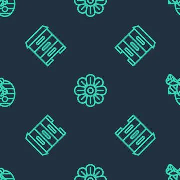 Set line Flower, Hive for bees and on seamless pattern. Vector Stock Illustration
