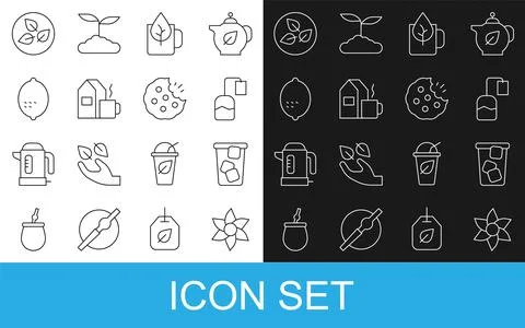 Set line Flower, Ice tea, Tea bag, Cup of with leaf, milk, Lemon,  and Cook.. Illustration