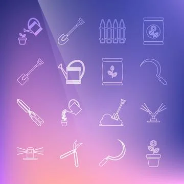 Set line Flower in pot, Automatic irrigation sprinklers, Sickle, Garden fence Illustration