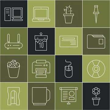 Set line Flower in pot, CD or DVD disk, Document folder, Cactus and succule.. Illustrazione stock