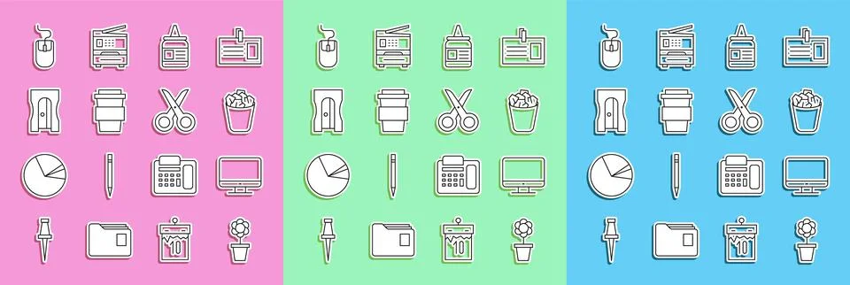Set line Flower in pot, Computer monitor screen, Full trash can, Glue, Coffee 스톡 일러스트