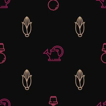 Set line Flower in pot, Corn and Watering can on seamless pattern. Vector Stock Illustration
