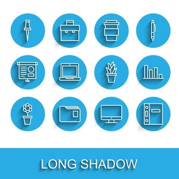 Set line Flower in pot, Document folder, Push pin, Computer monitor screen Stock Illustration