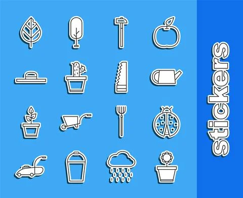 Set line Flower in pot, Ladybug, Watering can, Hammer, Cactus and succulent Illustration