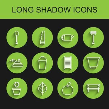 Set line Flower in pot, Leaf, Shovel, Apple, Bench, Bucket, and Wooden staircase Illustration
