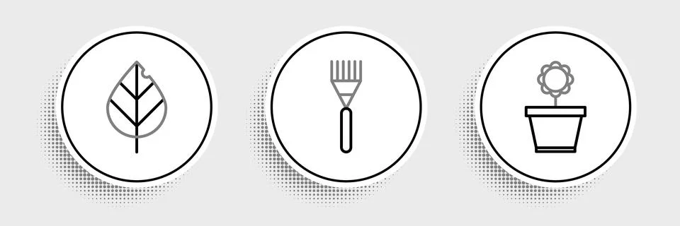 Set line Flower in pot, Leaf and Garden rake icon. Vector イラスト素材