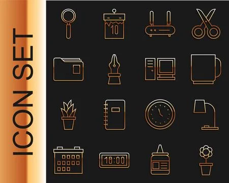 Set line Flower in pot, Table lamp, Coffee cup, Router and wi-fi signal, Fo.. Illustrazione stock