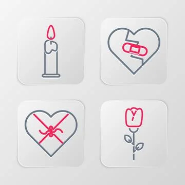 Set line Flower rose, Candy in heart shaped box, Healed broken and Burning .. Stock Illustration