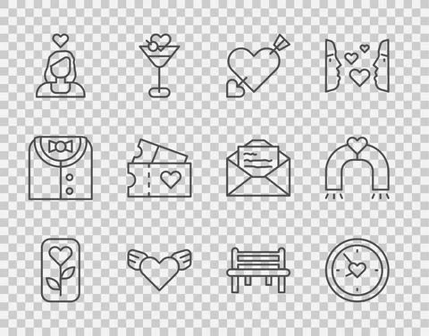 Set line Flower rose, Clock with heart, Amour and arrow, Heart wings, Couple Ilustração Stock