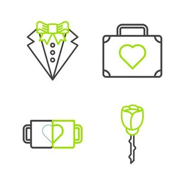 Set line Flower rose, Two coffee cup and heart, Suitcase for travel with an.. Stock Illustration