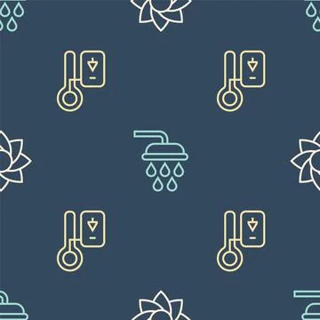 Set line Flower, Sauna thermometer and Shower on seamless pattern. Vector Stock Illustration