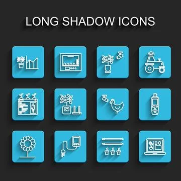 Set line Flower, Sensor, statistics, Smart farm with bulb and plant, farming Illustrazione stock