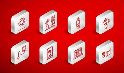 Set line Flower statistics, status, Portable sensor, Smart farming technology Illustrazione stock