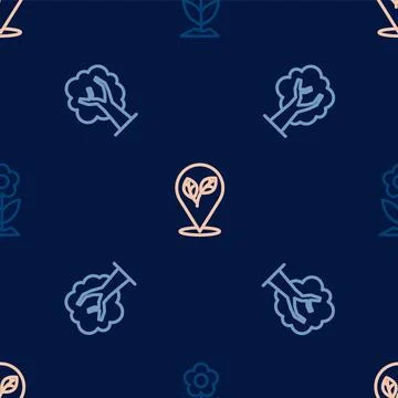 Set line Flower, Tree and Location with leaf on seamless pattern. Vector イラスト素材