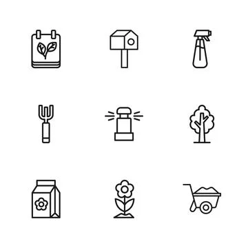 Set line Flower, Tree, Wheelbarrow, Automatic irrigation sprinklers, Garden.. Stock Illustration