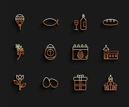 Set line Flower tulip, Easter eggs, Balloons with ribbon, Gift box, Church Illustrazione stock