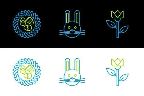Set line Flower tulip, Easter egg in a wicker nest and rabbit icon. Vector 스톡 일러스트