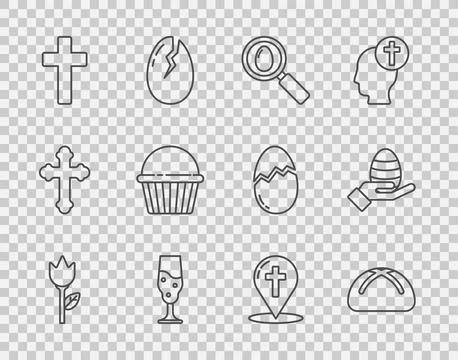 Set line Flower tulip, Easter cake, Search and easter egg, Wine glass, Christian Stock Illustration