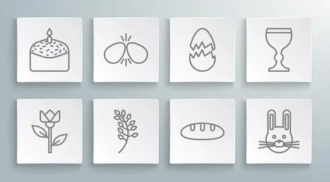 Set line Flower tulip, Easter eggs, Willow leaf, Bread loaf, rabbit, Broken.. Illustrazione stock