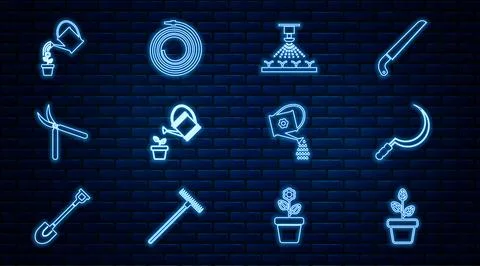 Set line Flowers in pot, Sickle, Automatic irrigation sprinklers, Watering .. Ilustração Stock