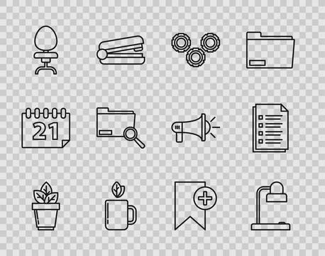 Set line Flowers in pot, Table lamp, Gear, Cup of tea and leaf, Office chai.. Stock Illustration