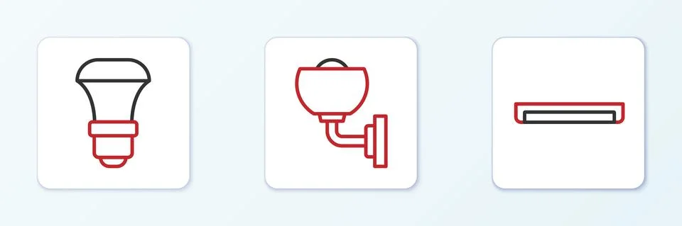 Set line Fluorescent lamp, LED light bulb and Wall sconce icon. Vector Stock Illustration