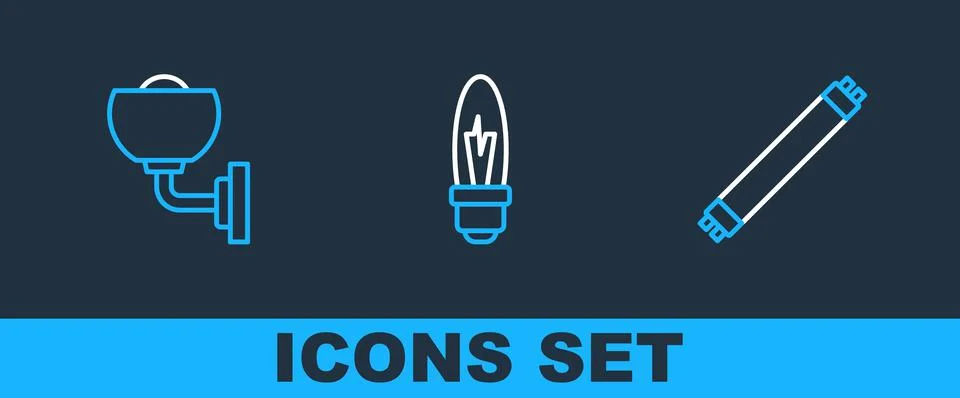 Set line Fluorescent lamp, Wall sconce and Light bulb icon. Vector Stock Illustration