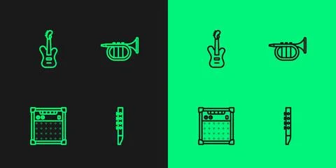 Set line Flute, Guitar amplifier, Electric bass guitar and Trumpet icon. Vector Illustrazione stock