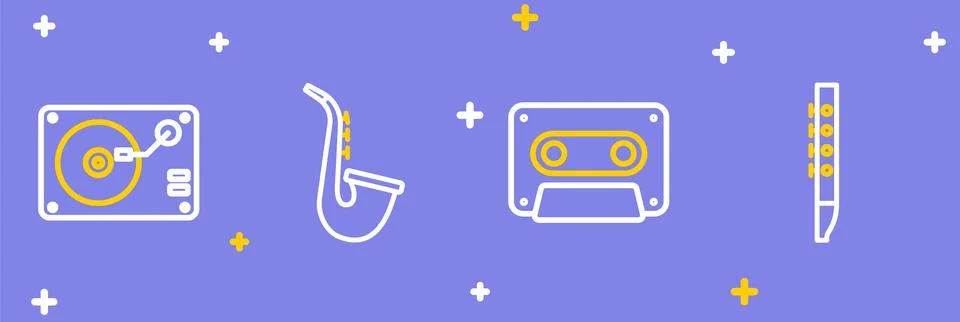 Set line Flute, Retro audio cassette tape, Saxophone and Vinyl player with .. Stock Illustration