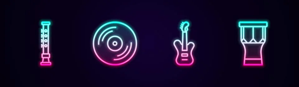 Set line Flute, Vinyl disk, Electric bass guitar and African percussion drum Stock Illustration
