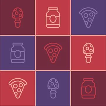 Set line Fly agaric mushroom, Slice of pizza and Jam jar icon. Vector Illustrazione stock