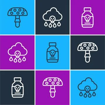 Set line Fly agaric mushroom, Poisoned pill and Acid rain icon. Vector 스톡 일러스트