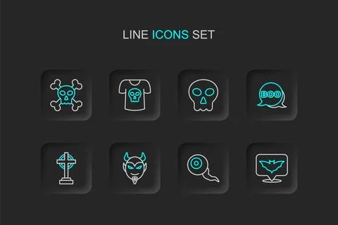 Set line Flying bat, Eye, Devil head, Tombstone with cross, Boo speech bubb.. Illustrazione stock