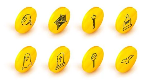 Set line Flying bat, Lollipop, Tombstone with cross, Ghost, RIP, Magic wand Illustrazione stock