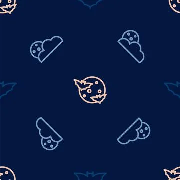 Set line Flying bat, Moon and stars and on seamless pattern. Vector Illustrazione stock
