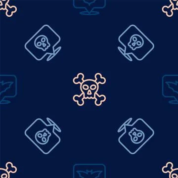 Set line Flying bat, Skull and on crossbones on seamless pattern. Vector Stock Illustration