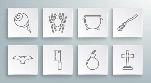 Set line Flying bat, Spider, Meat chopper, Bomb ready to explode, Tombstone with Stock Illustration
