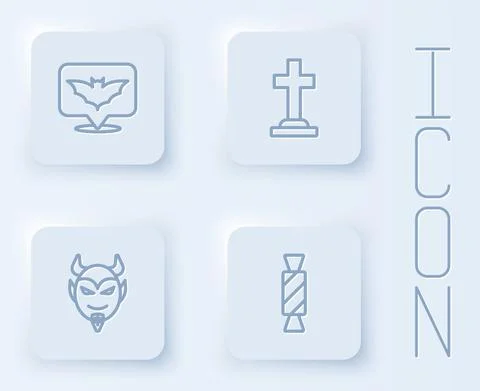 Set line Flying bat, Tombstone with cross, Devil head and Candy. White square Stock Illustration