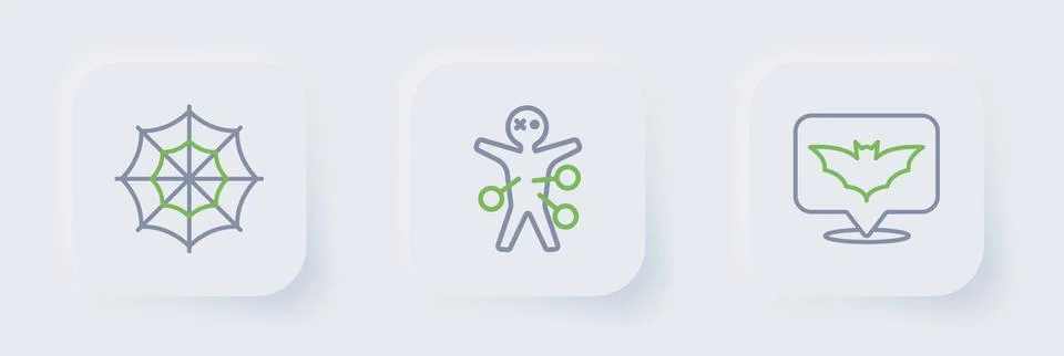 Set line Flying bat, Voodoo doll and Spider web icon. Vector Stock Illustration
