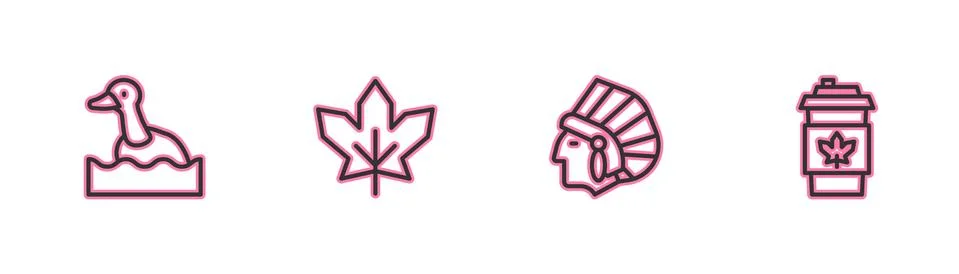 Set line Flying duck, Native American Indian, Canadian maple leaf and Coffee cup Stock Illustration