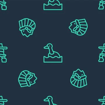 Set line Flying duck, Native American Indian and Inukshuk on seamless pattern Stock Illustration