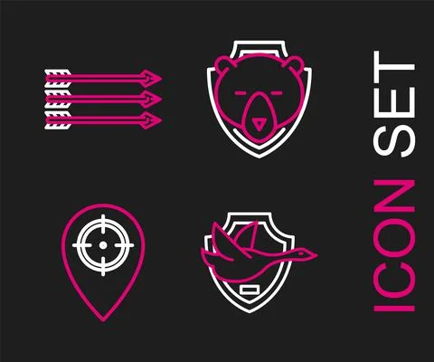 Set line Flying duck on shield, Hunt place, Bear head and Hipster arrows icon Ilustración de archivo