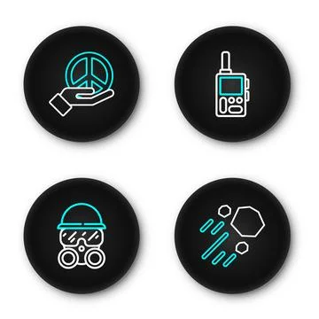 Set line Flying stone, Gas mask, Walkie talkie and Peace icon. Vector Stock Illustration