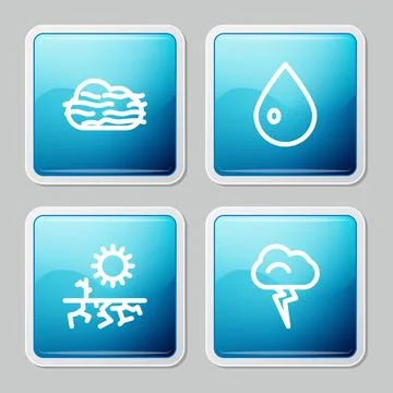 Set line Fog and cloud, Water drop, Drought and Storm icon. Vector Illustrazione stock