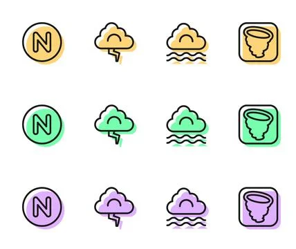 Set line Fog and cloud, Compass north, Cloud lightning and Tornado icon. Vector Stock Illustration