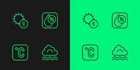 Set line Fog and cloud, Celsius, Sun and Water drop percentage icon. Vector Illustrazione stock